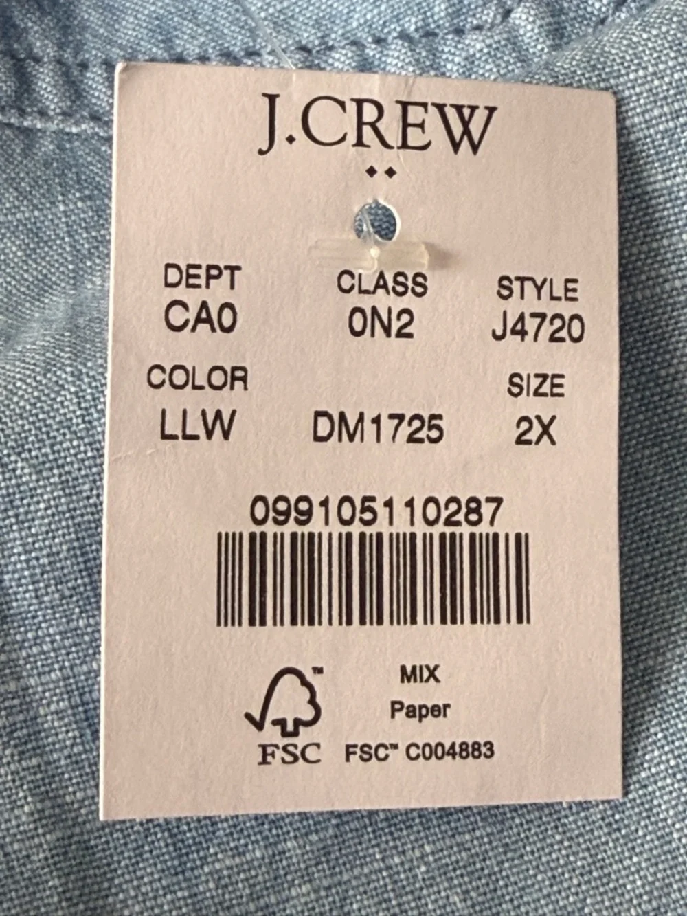 NEW J. Crew Light Chambray Signature Fit Button-Down Shirt plus 2X 39751